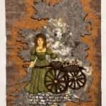 Molly Malone by Corina Hogan, a wool picture of a woman in a green dress beside a wheelbarrow on a cobbled street.